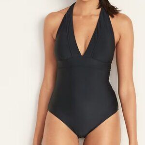 Deep V-Neck Halter One-Piece Swimsuit In Blackjack Size Small